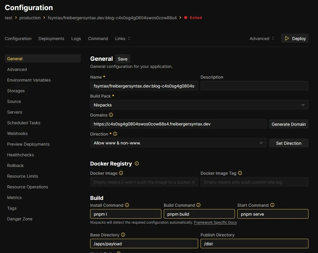 Coolify App Konfiguration