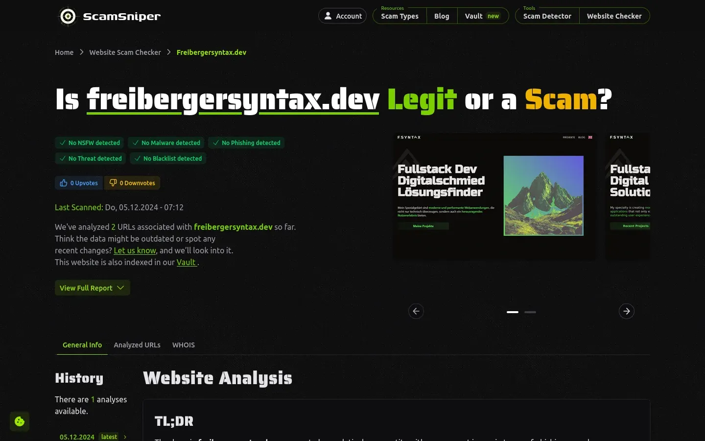 Scam Detector result