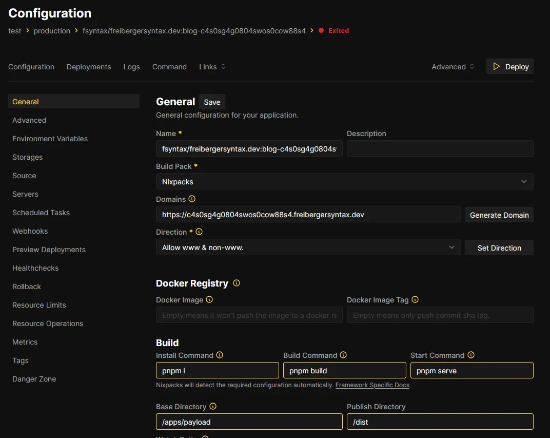 Coolify App Konfiguration